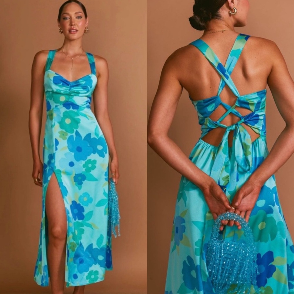 NEW NWT Show Me Your Mumu Mina Satin Midi Dress In Blue Piccadilly Floral